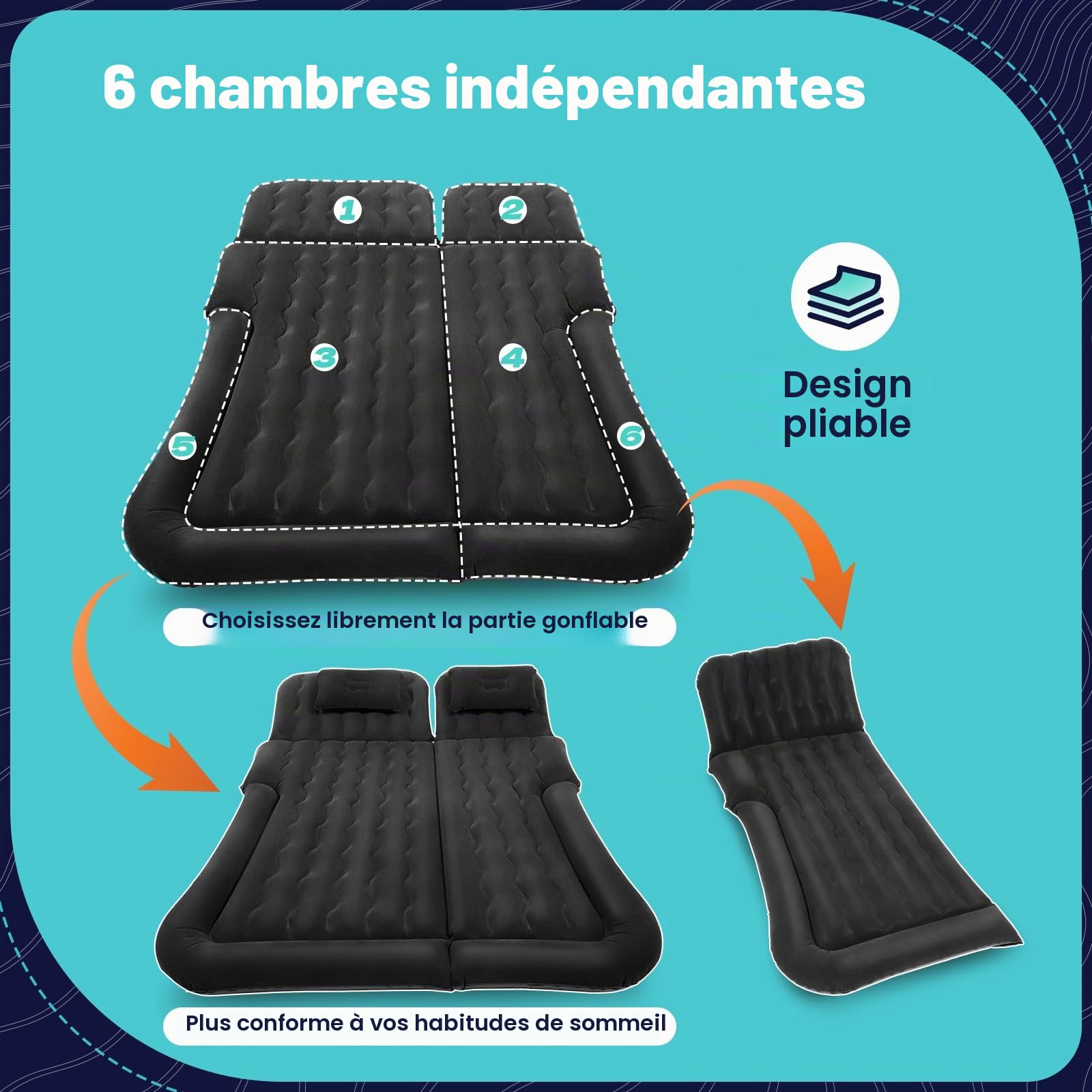Matelas gonflable pour voiture SUV - 170 x 120 cm - Matelas gonflable mobile avec pompe à air - Avec 2 coussins - 6 chambres indépendantes - Temps de gonflage : 2 à 3 min