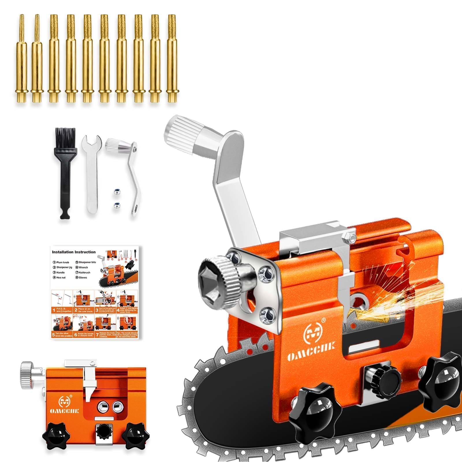 Affilatrice per motosega con 10 punte diamantate placcate in titanio ad alta durezza, kit universale manuale per affilare catene per motosega, boscaiolo, giardiniere da 10-55 cm.