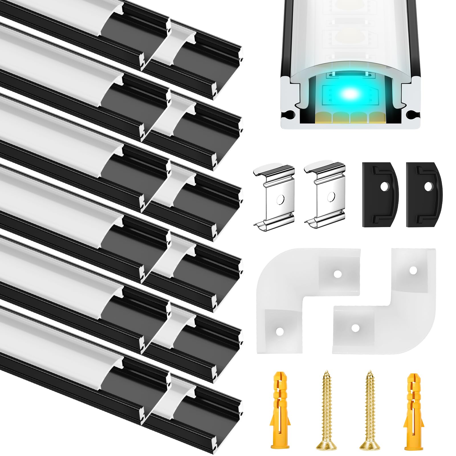 Molfanco LED Aluminium Profil 12 x 1m LED Aluminium Profil mit Weiß Milchige Abdeckung, Endkappen, und Montageklammer für LED-Streifen,LED-Streifen Nicht Im Lieferumfang Enthalten