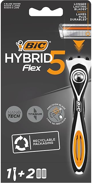 BIC Hybrid 5 Flex Refillable Men's Razor Kit, Handle and Nano-Tech Titanium 5-Blade Refills - Box of 1+2