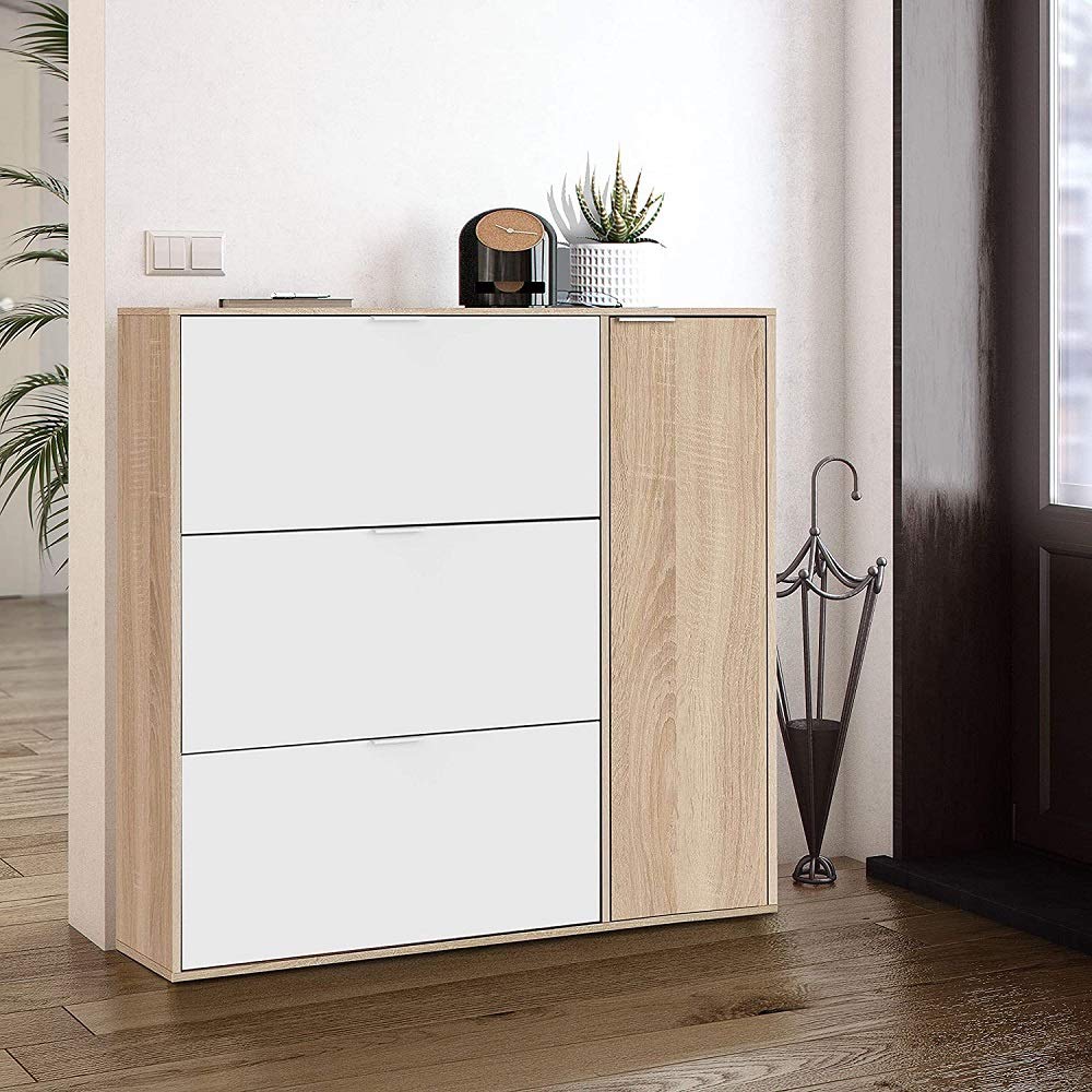 Mobile scarpiera 115Hx106Lx22P Cm 3 ante a ribalta e 1 anta con 5 ripiani interni colore rovere e bianco capacità 30 paia