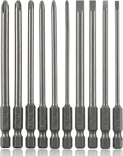 VESTTIO Phillips Slotted Screwdriver Bit Set, 4-inch 10-Pack Magnetic S2 | Industrial S2 alloy steel, 1/4 inch hex shank, magnetic tips, extra-reach design for power screwdriver drill impact driver
