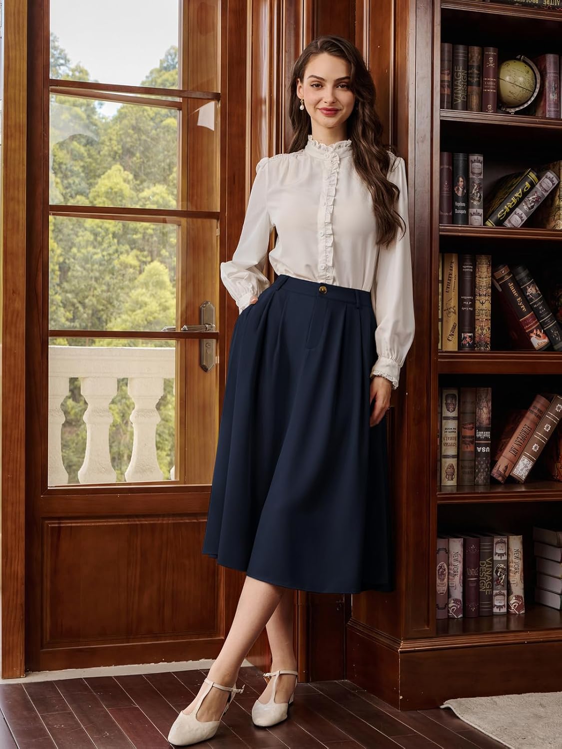 Belle Poque Women Vintage Pleated Skirt with Pockets A Line Midi High Elastic Waist Flared Skirt for Office Daily - Image 2