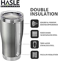 Vista 2 de HASLE OUTFITTERS Vaso de 20 onzas a granel, vasos de acero inoxidable con tapa, vaso aislado al vacío, vaso de doble pared, tazas de café, gris