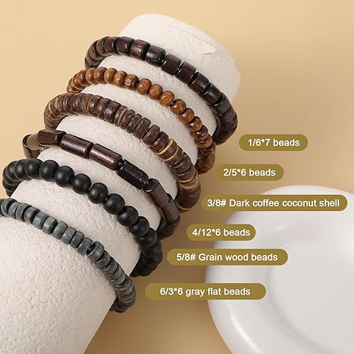 Miniatura 3 de Pulseras de madera con cuentas para hombre, 6 piezas, cuerda elástica ajustable, estilo vintage, multicapa, de cuero trenzado, juego de grunge,