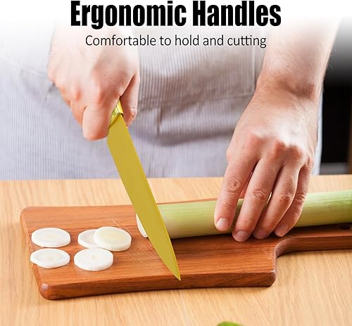 Miniatura 5 de Juego de bloques de cuchillos, cuchillos afilados dorados con bloque acrílico, juego de cuchillos de cocina de acero inoxidable con cuchillo de