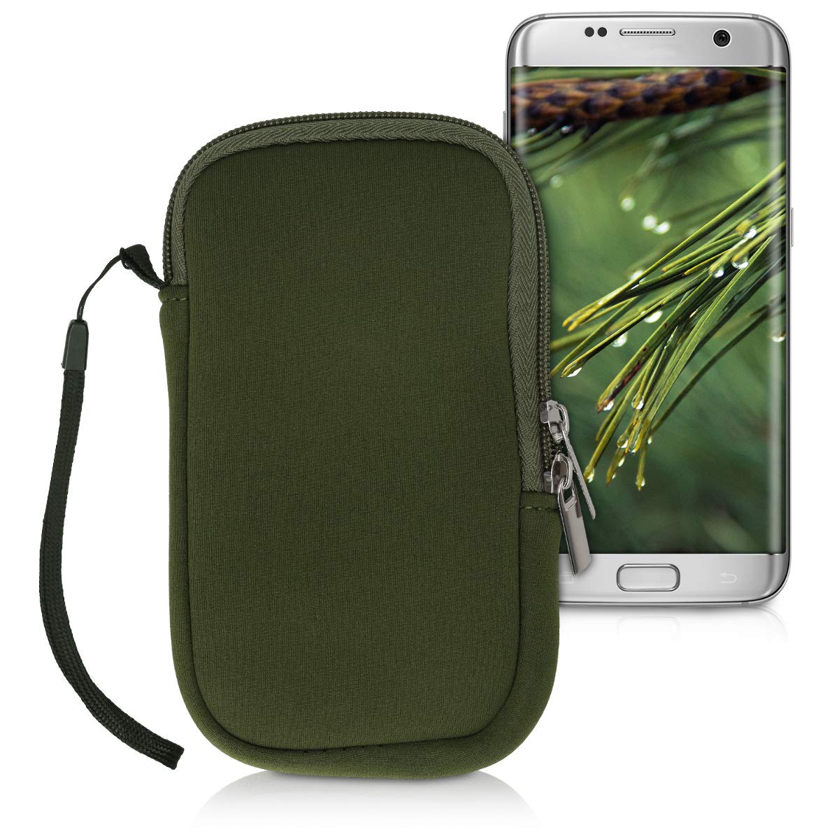 kwmobile Neoprene Phone Pouch Size L - 6.5" - Universal Cell Sleeve Mobile Bag with Zipper, Wrist Strap - Dark Green