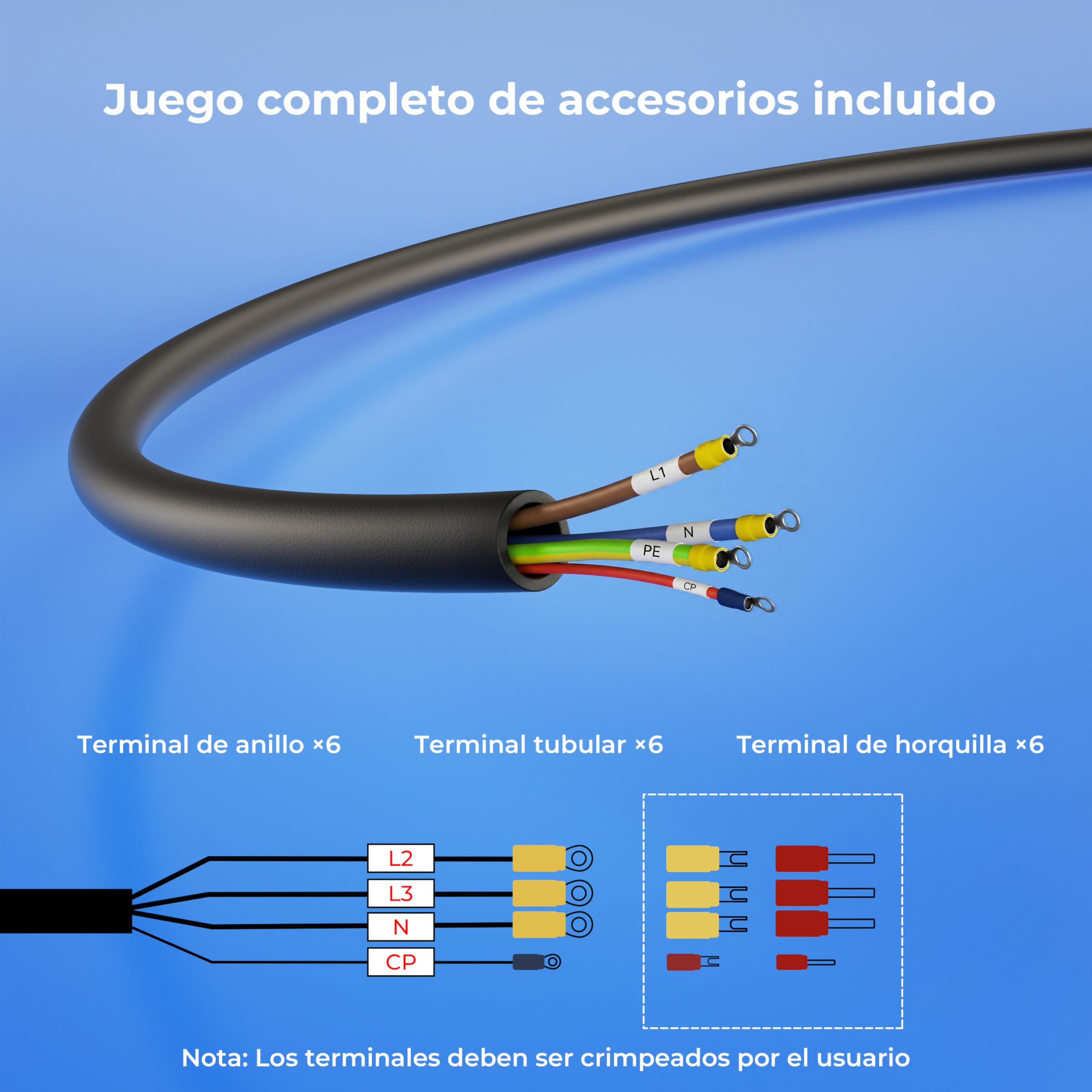 Cable de Carga Tipo 2 Extremo Abierto 7kW - Cable de Repuesto Monofásico 32A 5m para Wallbox y Estación de Carga