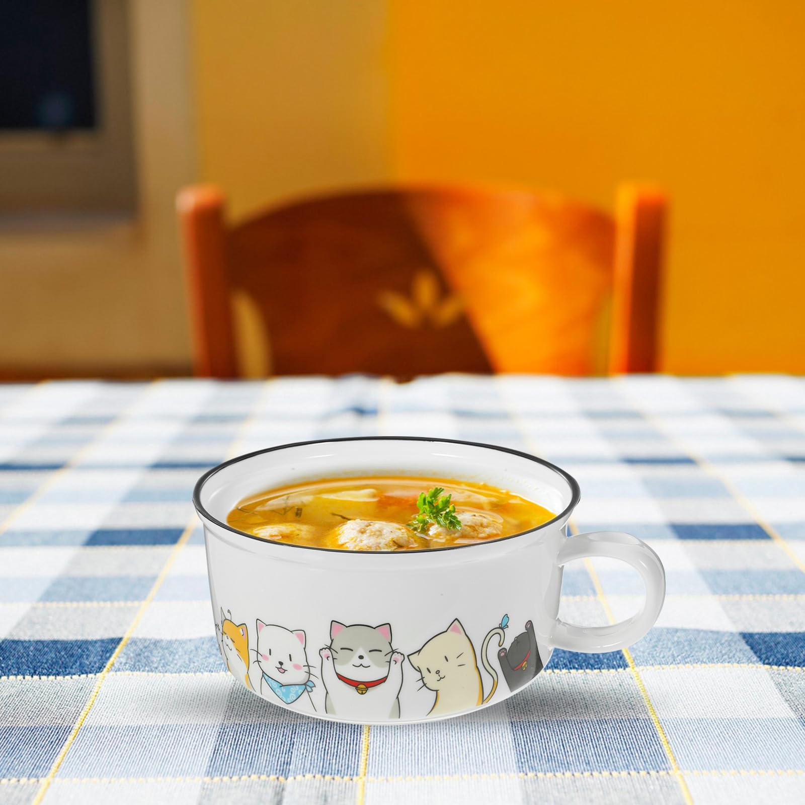 Sosoport Tazón de Ramen de Cerámica Grande con Tapa y Cuchara | Juego de 1 Pieza, Estilo Simple con Forma de Gato, Estabilidad Térmica y Limpieza Cómoda