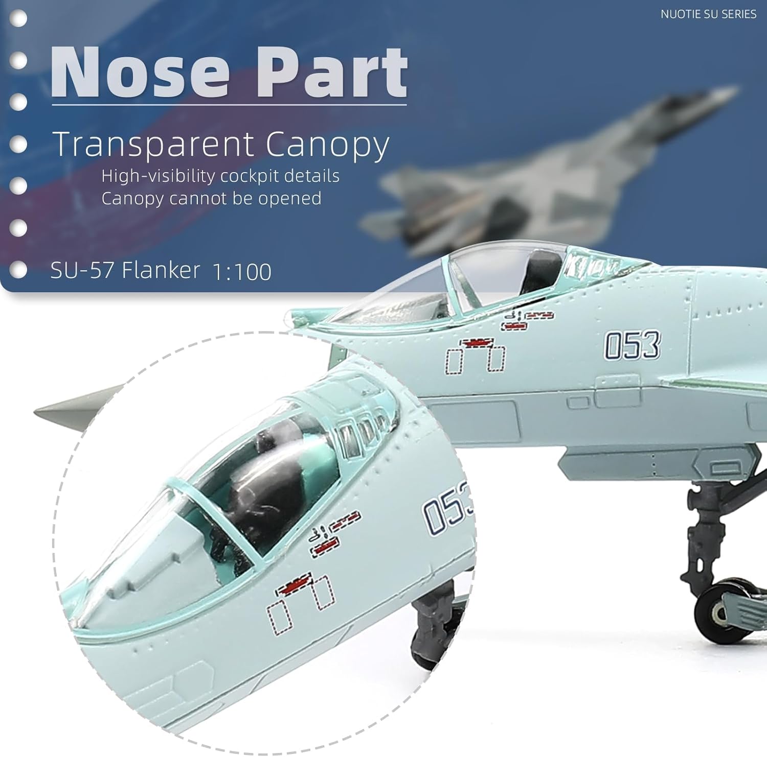 Close-up of the SU-57 model's nose part and transparent canopy