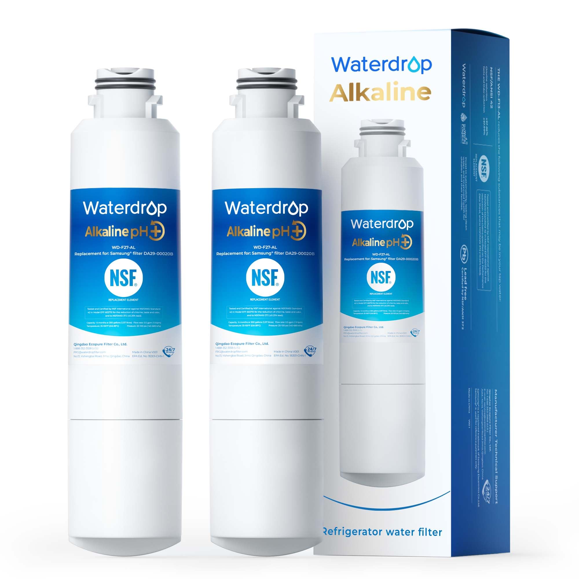 Waterdrop Alkaline DA29-00020B Replacement for Samsung® Water Filter HAF-CIN/EXP, HAF-CIN, DA29-00020B-1, DA97-08006A-1, RF28HMEDBSR, RF263BEAESR, RS25J500DSR, RF263TEAESG, 2 Filters