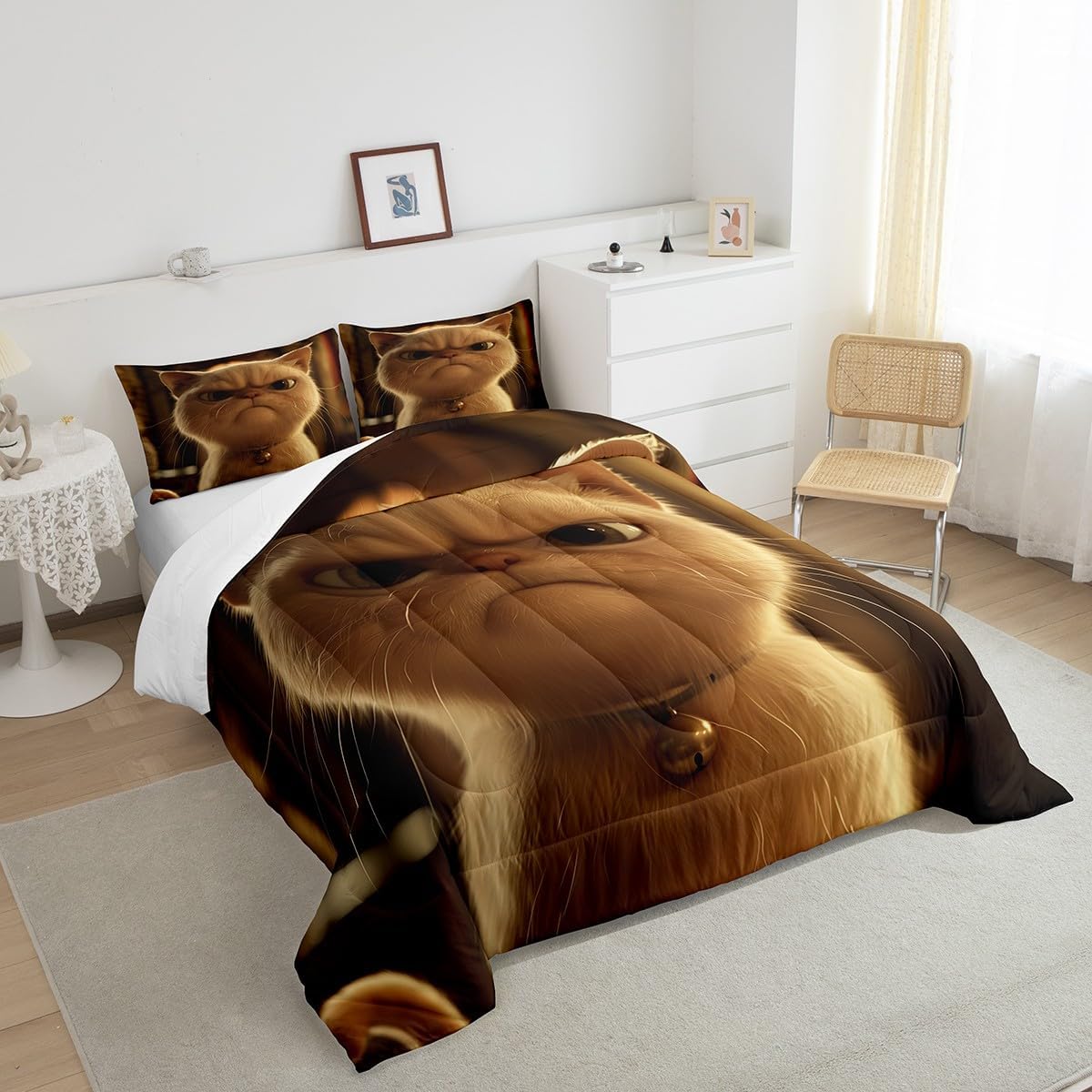 Feelyou Kids White Cat Comforter Set Twin Size, Kawaii Cats Print Bedding Set Cute Kitten Comforter for Boys Girls Cartoon Animal Duvet Set Adult Bedroom Decor 2Pcs