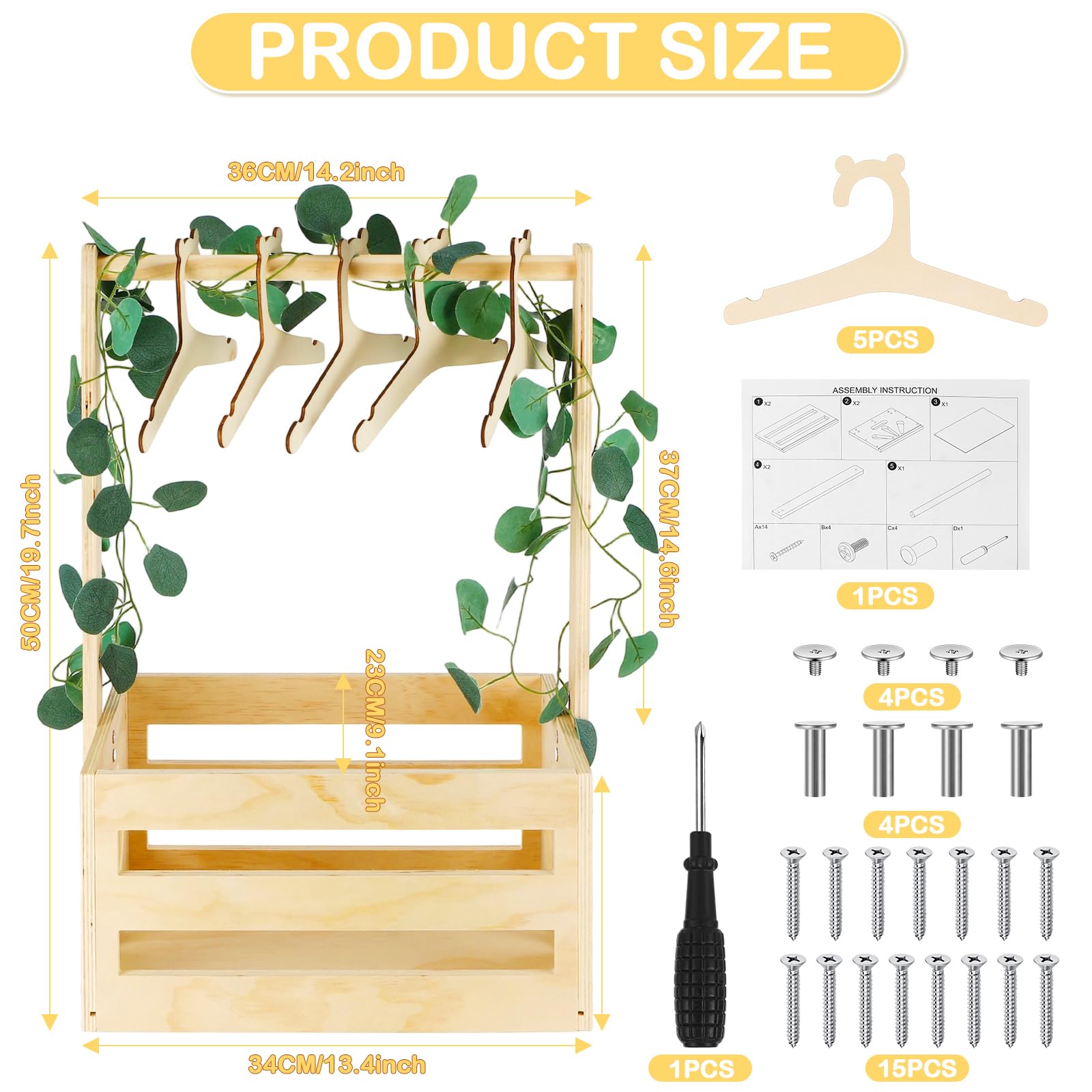 Cesta Madera Baby Shower, Cesta de Almacenamiento para Bebé, Armario para Baby Shower, con Asa Y 5 Perchas De Madera Armario Bebe Percha para Niños para Cumpleaños, Navidad, Nuevos Padres