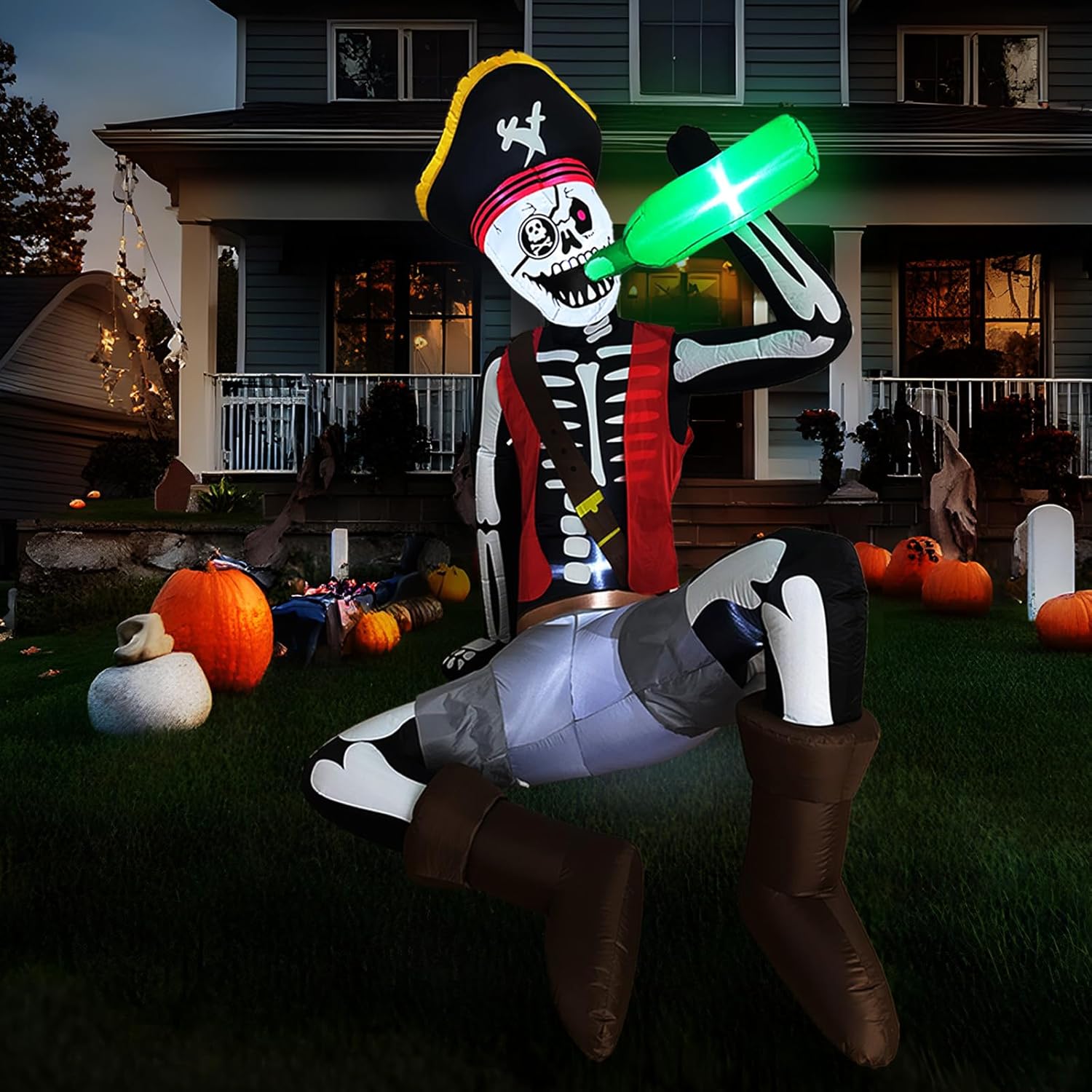 OurWarm 6.5FT Inflatables Outdoor Decorations Sitting Skeleton Pirate, Fun Blow Up Yard Decorations with LED Lights for Yard, Garden, Cemetery, Inflatable Halloween Decor