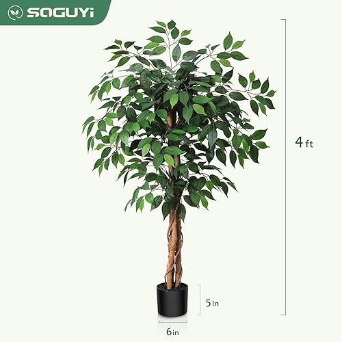 Miniatura 6 de Árbol artificial de ficus de 4 pies con tronco de madera natural, árbol de ficus de seda falso en maceta de vivero de plástico, planta artificial