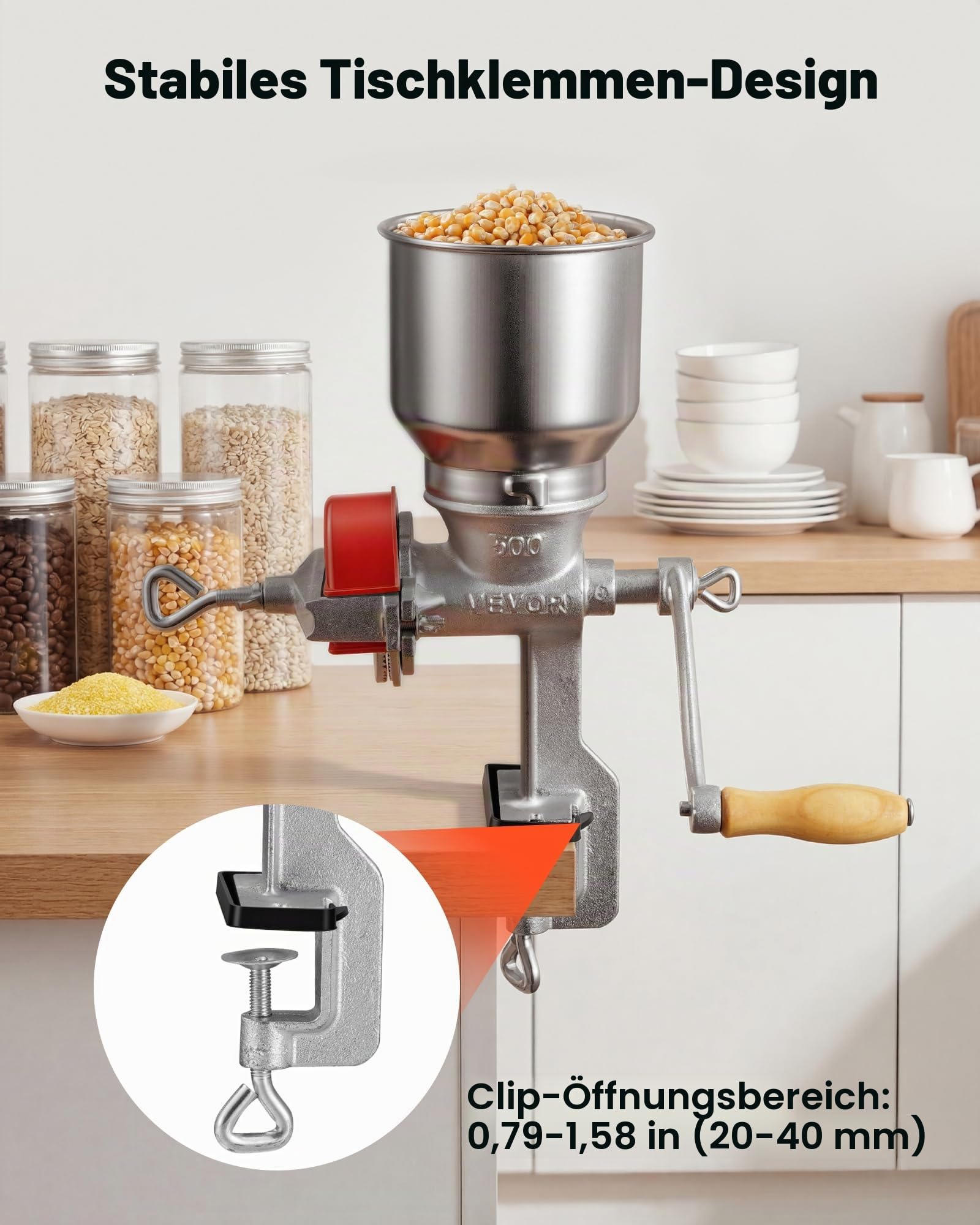 VEVOR Getreidemühle Manuell aus Gusseisen, Handkurbel Kornmühle mit Hohem Trichter & Tischklemme, Malzmühle Kaffeemühle Gewürzmühle für Kaffeebohnen Gewürze Weizen Mais Nüsse, inkl. Staubschutzhaube
