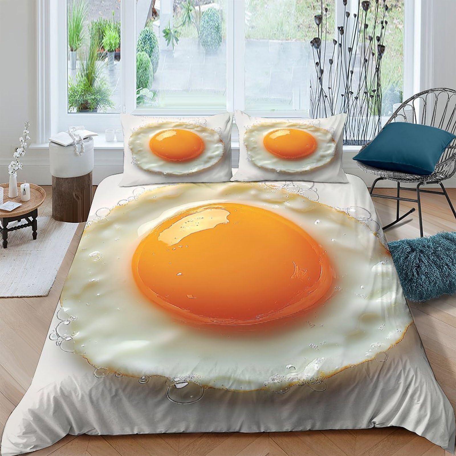 Ctjqhvkz Style-2 3D Printed Fried Egg Fitted Sheet Microfiber Soft Yellow Egg Yolk Bed Cover For Bedroom Dorm Mattress Protection Decor Single（135X200cm）