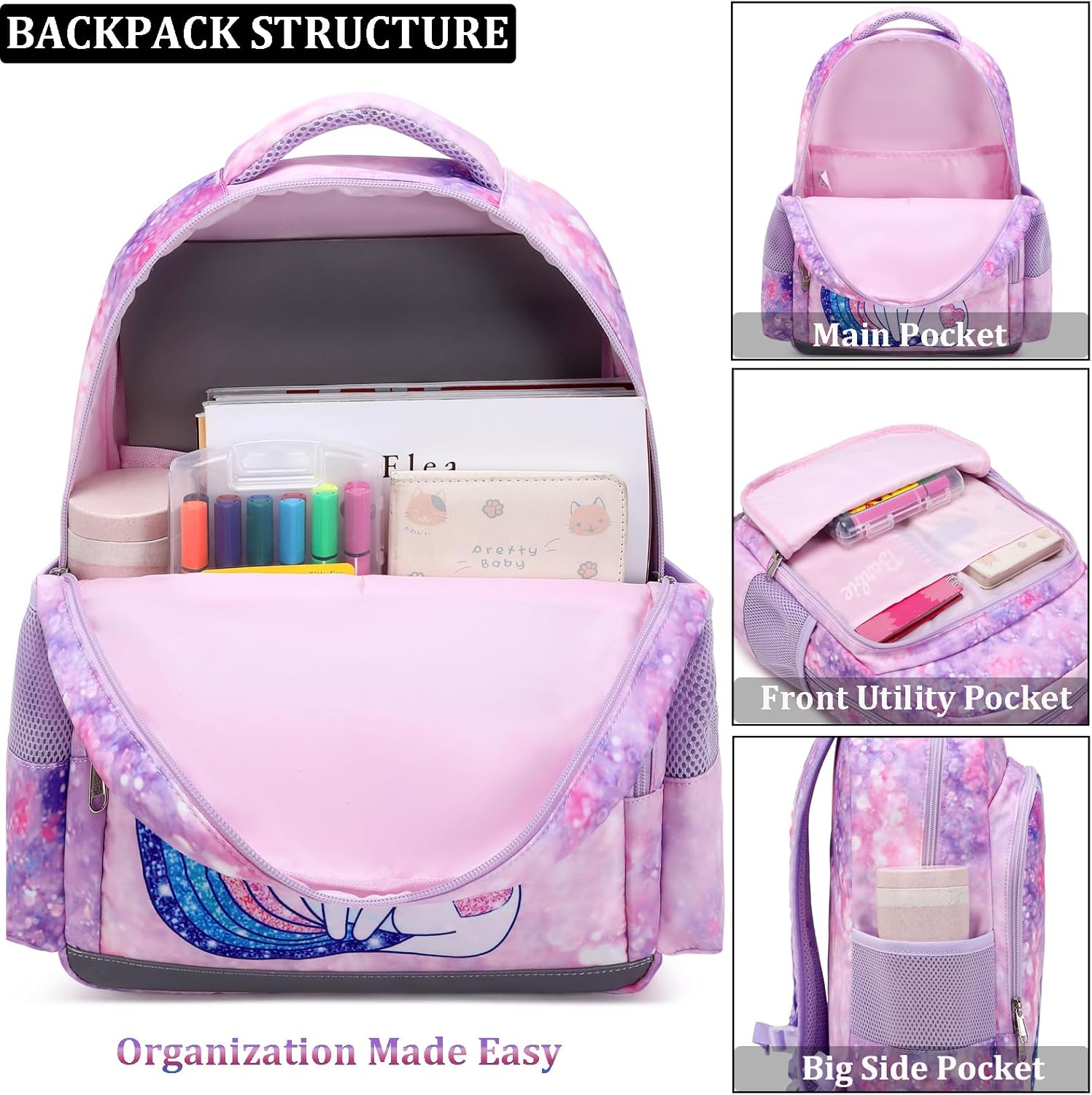 JIANYA Backpack for Girls, Preschool Kindergarten Kids School Bag Girls Backpack with Lunch Box & Chest Strap, 15" Tall - Image 3