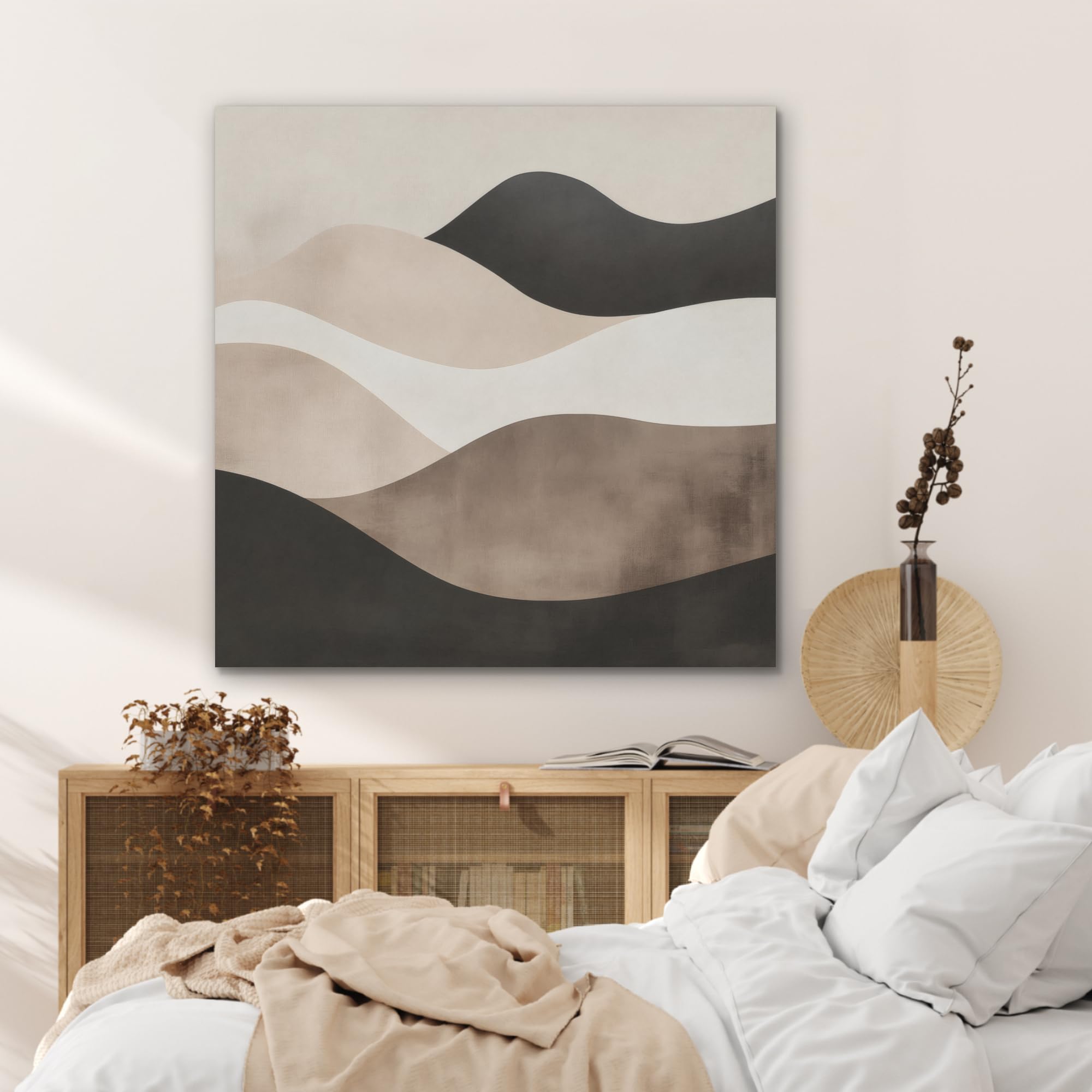 MuchoWow© Decorazione Moderna In Feltro Soggiorno 90x90 cm Pannello Parete Salotto Grande Cornice Camera Letto Astratto - Paesaggio - Onde - Crema