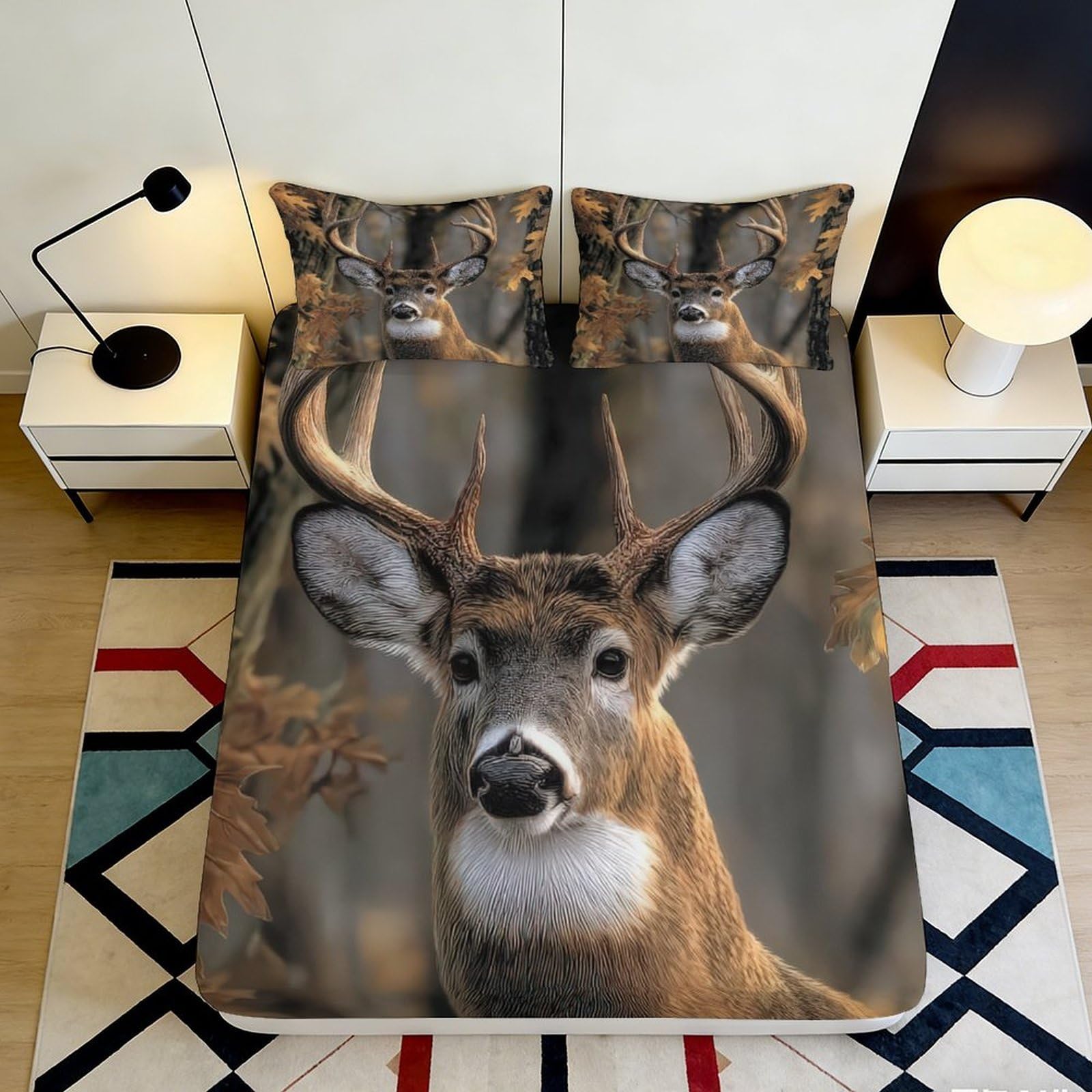 3D Printed Deer Pattern Fitted Sheet Microfiber Soft Breathable Forest Animal Bed Cover for Bedroom Dormitory Guest Room Mattress Protection 120x200x25cm