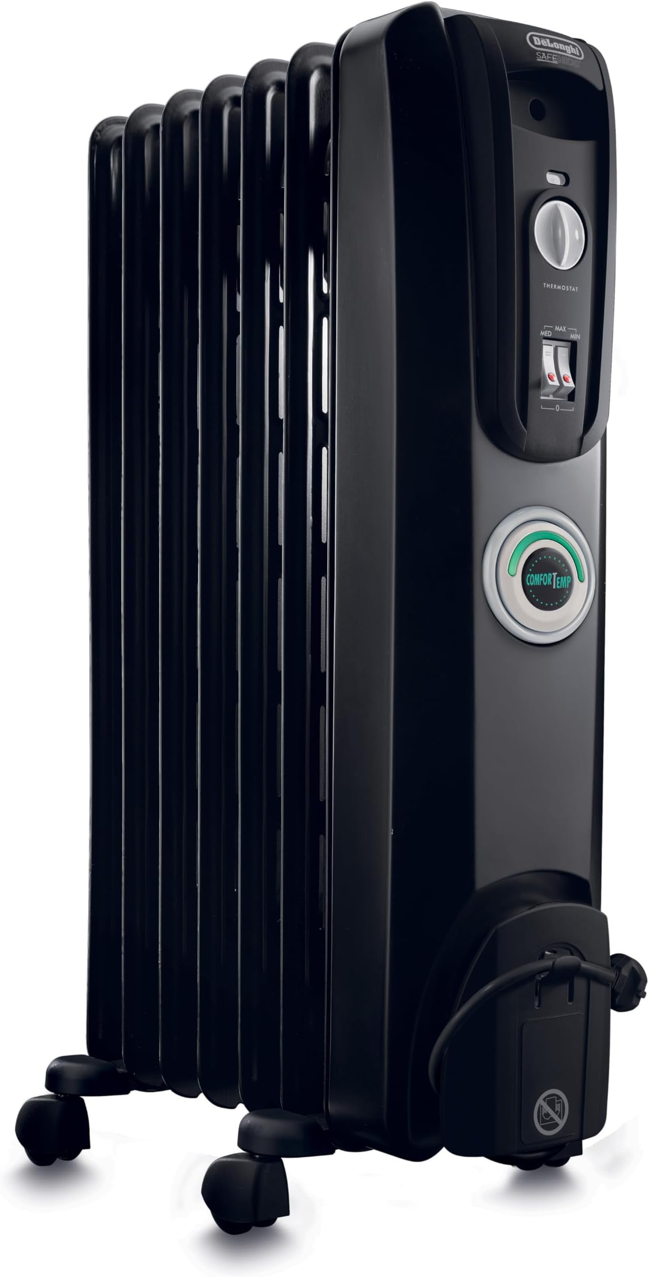 DeLonghi Oil-Filled Radiator Space Heater, Quiet 1500W, Adjustable Thermostat, 3 Heat Settings, Energy Saving, Safety Features, Nice for Home with Pets/Kids, Black, Comfort Temp EW7707CB