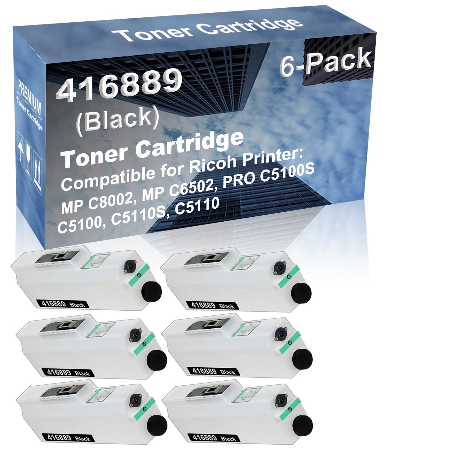 6-Pack Compatible High Yield MP C8002, MP C6502, PRO C5100S, C5100, C5110S, C5110 Printer Waste Toner Container Box Replacement for Ricoh 416889 Toner Cartridge (Black)