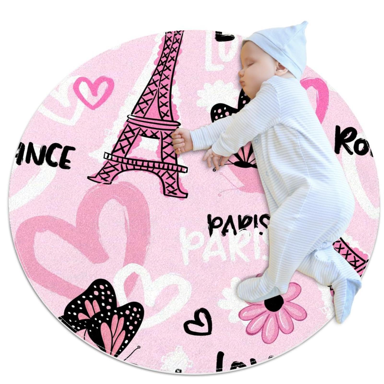 Tapis de salle de bain tour Eiffel rond lavable fleur papillon