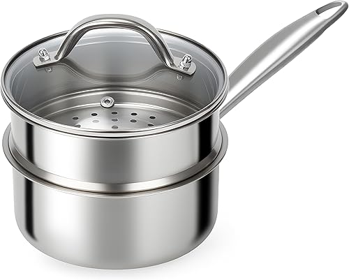 Ohtomber Sartén de acero inoxidable Vaporizador de tres capas de 1.5 cuartos de galón para cocinar, olla pequeña con cesta de vapor, sartén con