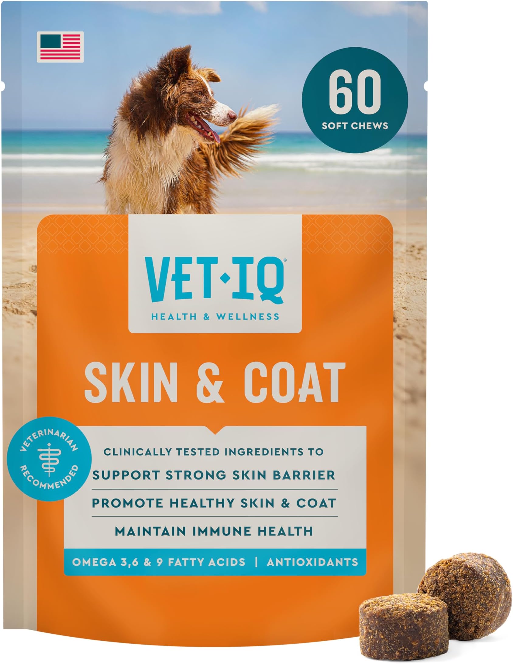 VetIQ Skin and Coat Supplement for Dogs, Helps Maintain Healthy Skin and Shiny Coat, Hickory Smoke Flavor Dog Chew, Made in the USA, 60 Count