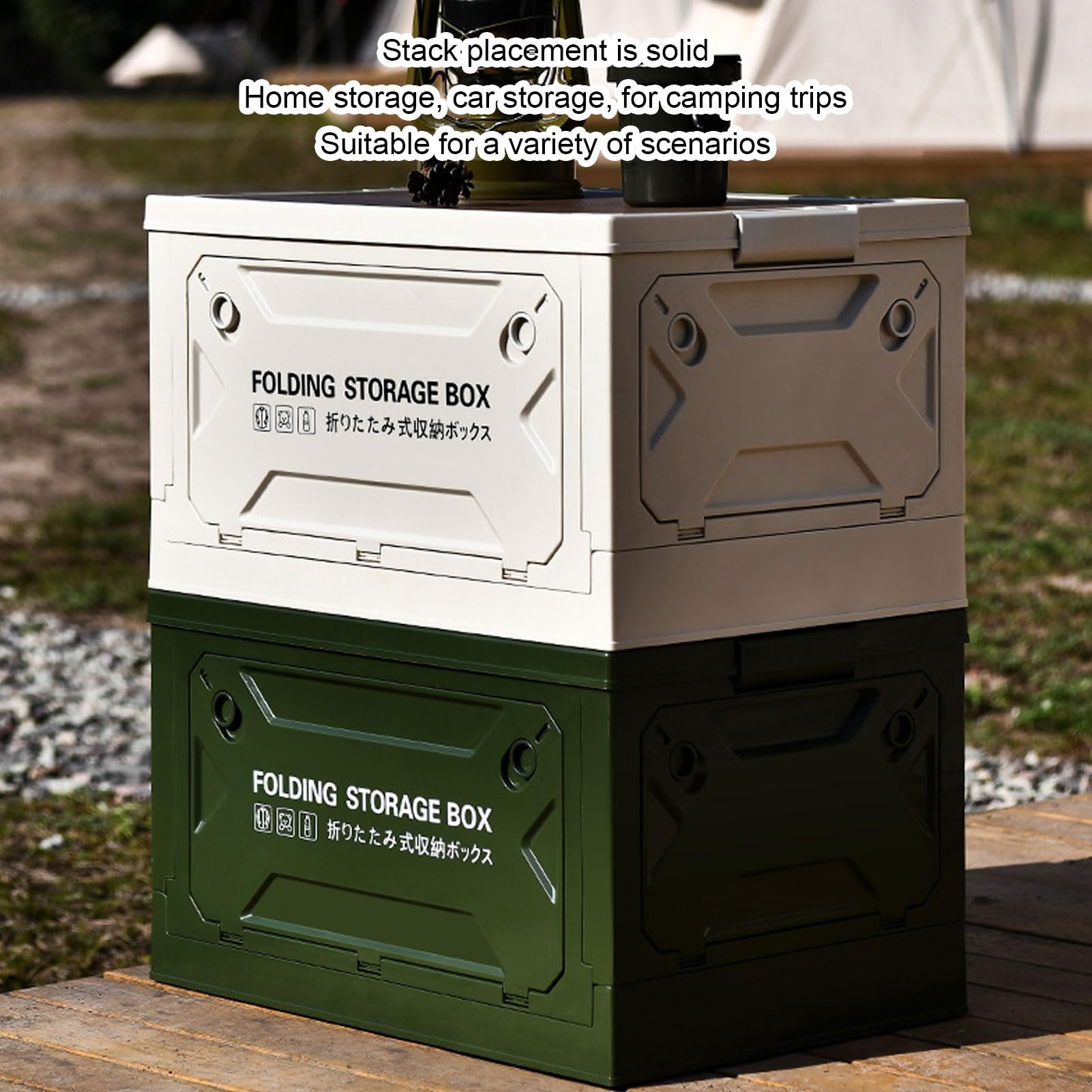 Fockety Cubos de almacenaje Plegables con Tapa de Madera, Caja de almacenaje Plegable de plástico para Camping, organizadores de Armario apilables para Camping, Dormitorio, Oficina (Green)