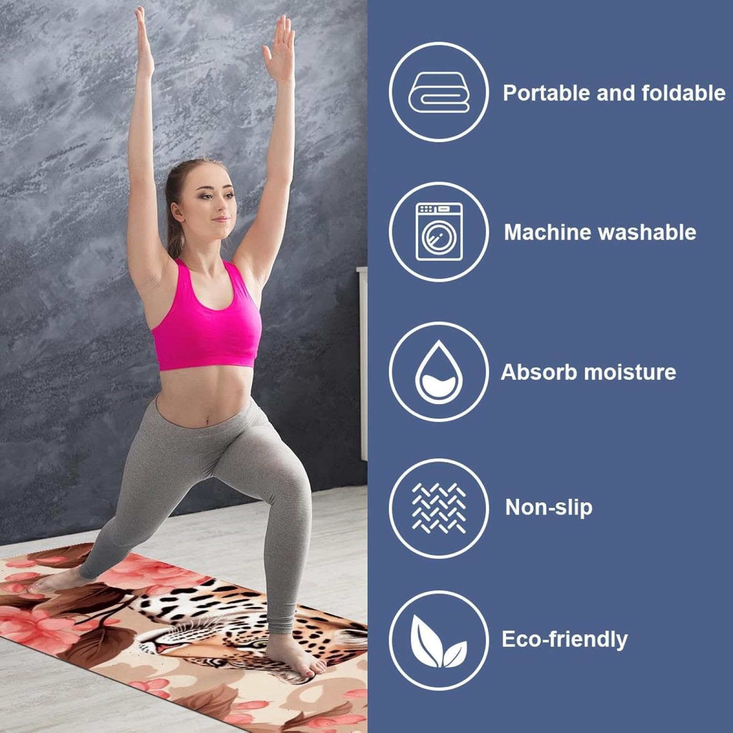 Yoga Towel, Leopard Rose Flower Non Slip Sweat Absorbent Hot Yoga Mat Towel for Hot Yoga, Pilates and Fitness - 72.8" x 26.8"
