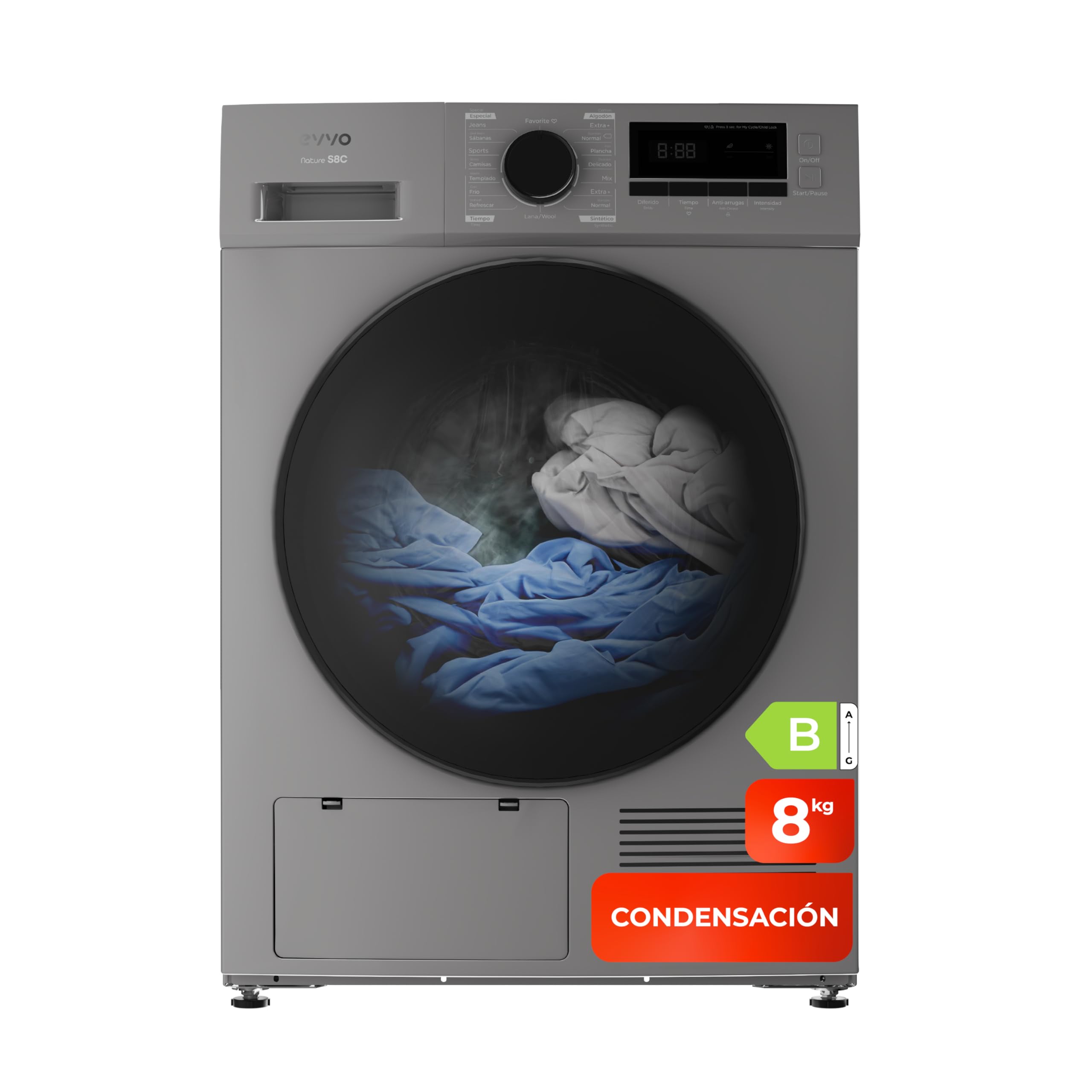 EVVO Secadora condensación 8 kg, Selector de Tiempo, Clase Energética B, Aire Frío para Prendas Delicadas, Airfresh, Sensor de Humedad, Antiarrugas, Inicio Diferido (Modelo Nature S8CX Inox)