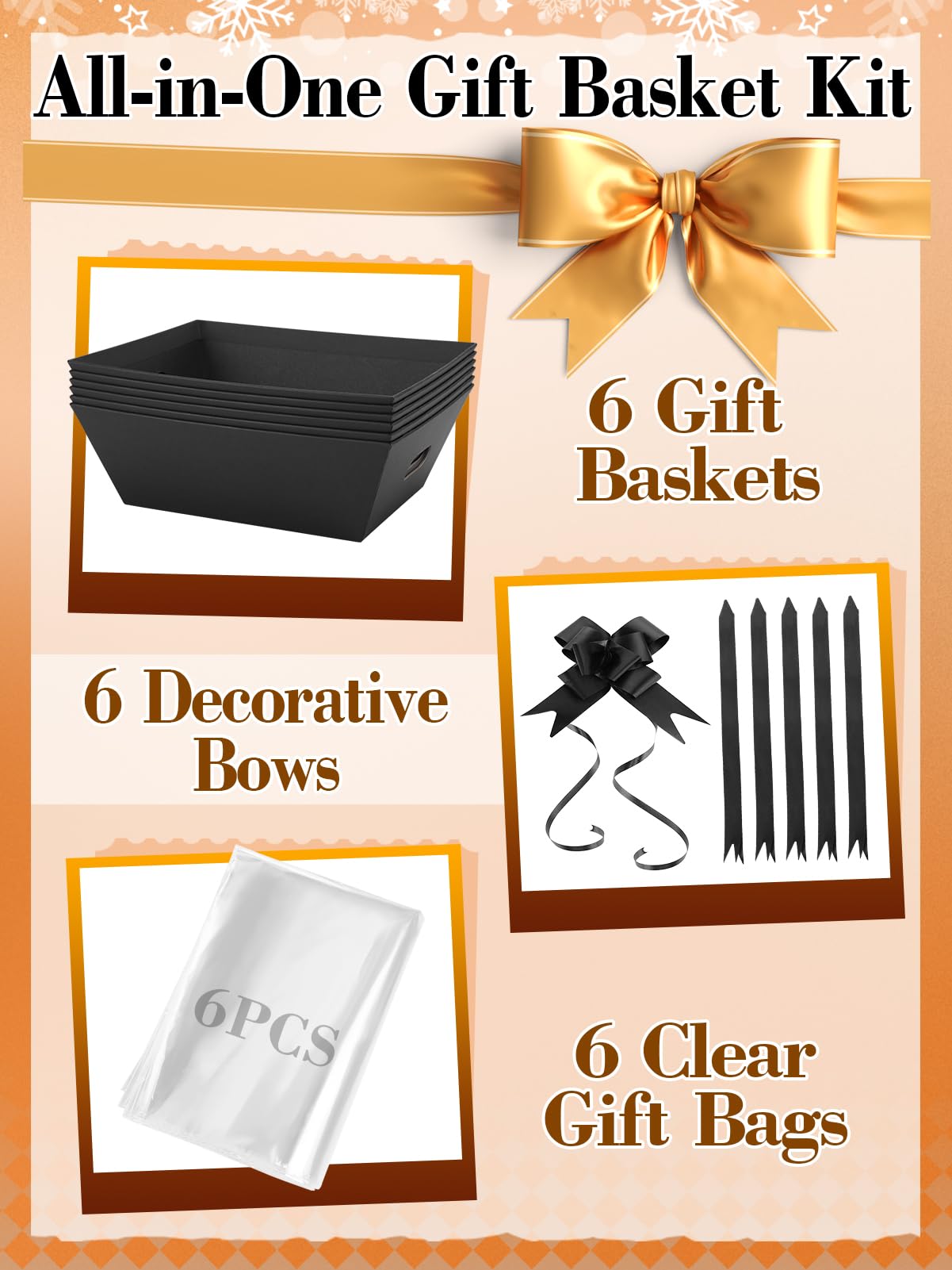 Beeplove 6 Sets Large Thick Kraft Baskets for Gifts Empty - Gift Baskets Empty Kit with Cellophane Wrap and Pull Bows for Wedding Birthday Bridesmaid Baby Shower, Black