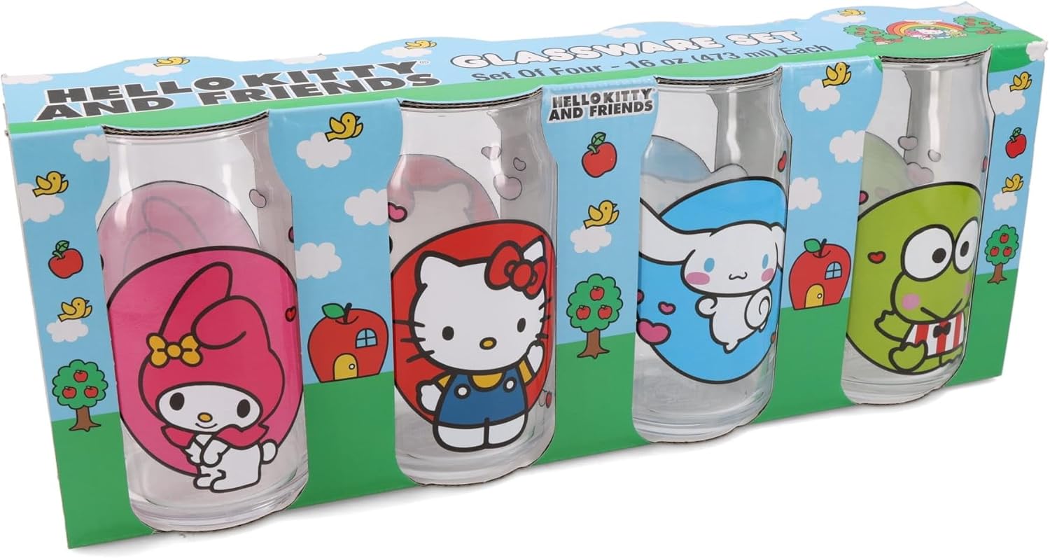 Silver Buffalo Sanrio Hello Kitty and Friends 4-Piece Drinking Glass Set For Soft Drinks, Iced Tea, Beverages | Each Holds 16 Ounces - Image 3