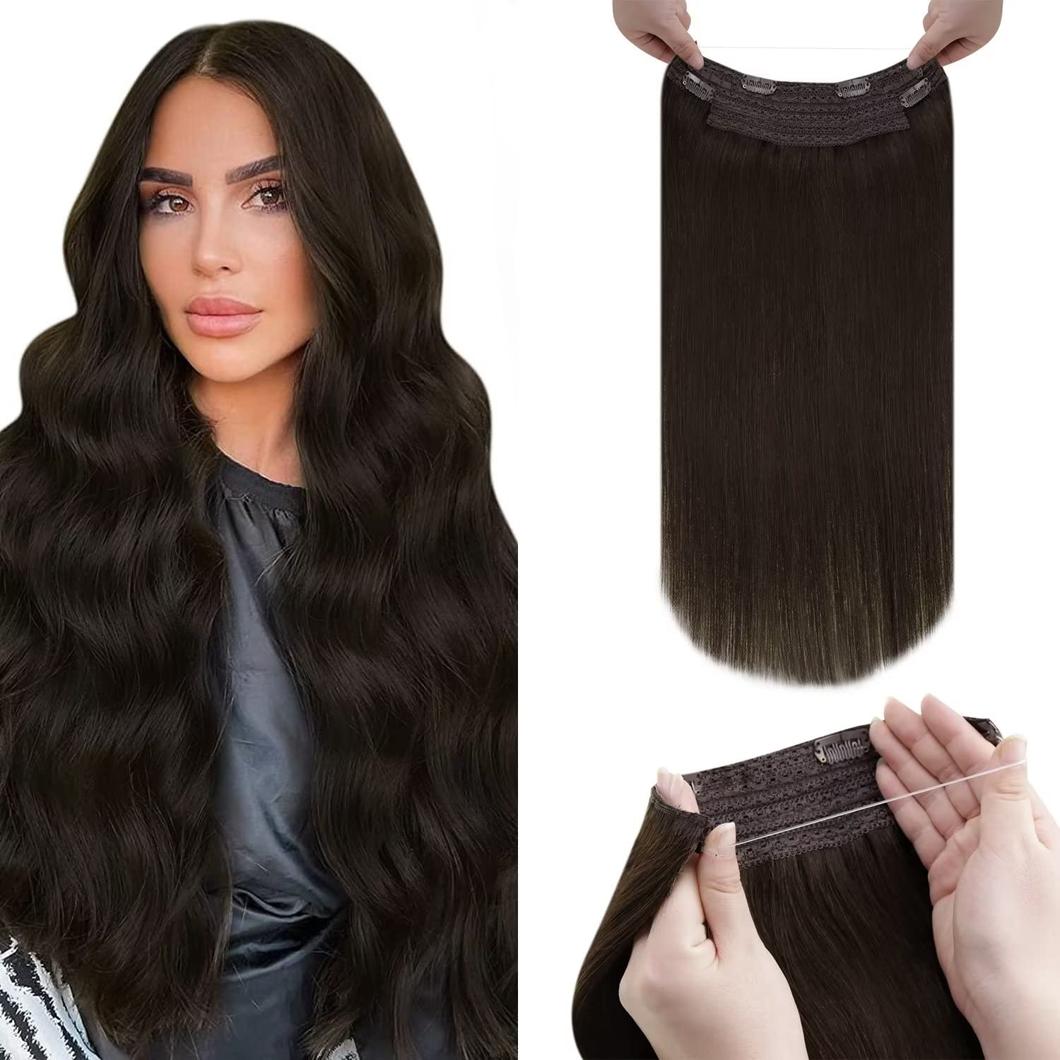 LaaVoo Human Hair Extensions Darkest Brown Real Remy Hair Invisible Wire Undetectable 100% Real Straight Hair Extensions Long-Lasting 80g 18 Inch #2