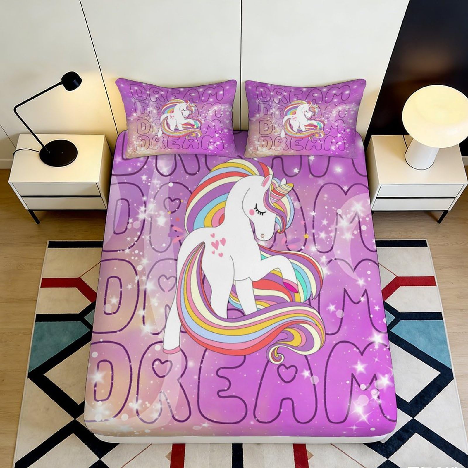 Jqzkxnhpbr Style-3 3D Printed Unicorn Rainbow Fitted Sheet Microfiber Purple Fantasy Dream Mattress Cover For Bedroom Dorm Room Home Decoration 90X200x25cm