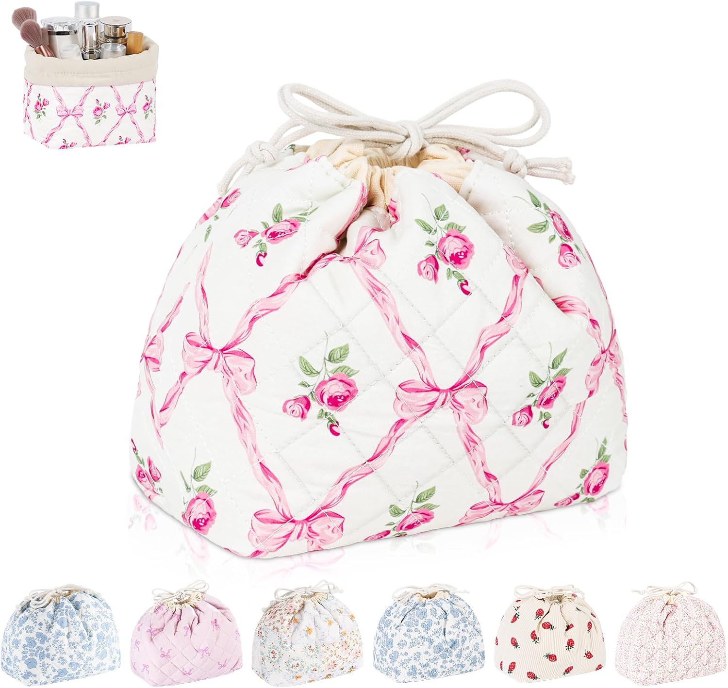 Quilted Drawstring Makeup Bag, Coquette Small Cosmetic Bag for Purse, Portable Cute Travel Makeup Pouch for Women Daily Use, Birthday/Party/Christmas Gifts (Bow+Floral)