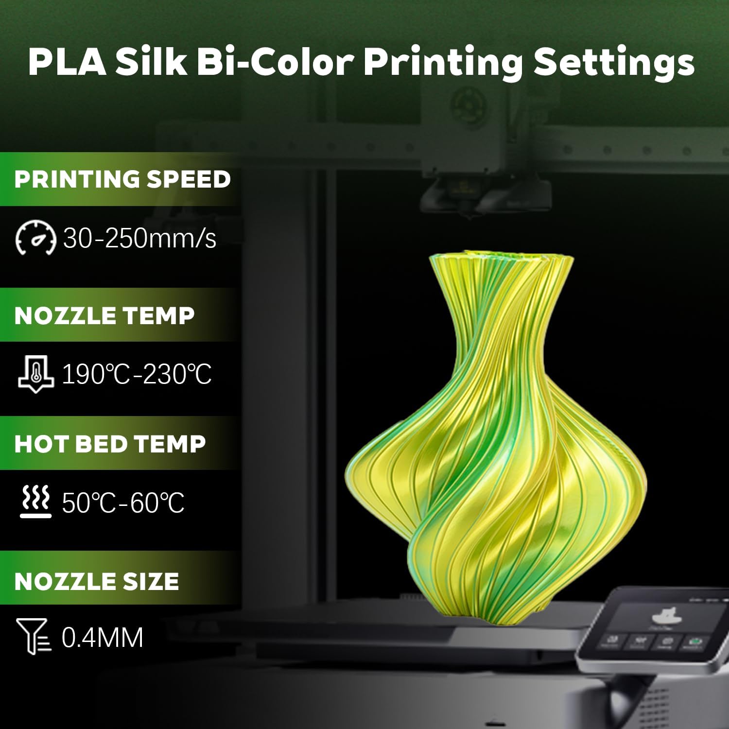 1.75mm PLA Filament Silk Dual Bi Color Gold Green, Coextrusion 3D Printer Filament with Shiny Silk Rainbow Color, 1kg (2.2lbs) Spool Neatly Wound Smooth Color Transition 3D Printing Filament - Image 3