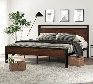 SHA CERLIN 14 Inch King Size Metal Platform Bed Frame with Wooden Headboard and Footboard, Mattress Foundation, No Box Spring Needed, Large Under Bed Storage, Mahogany