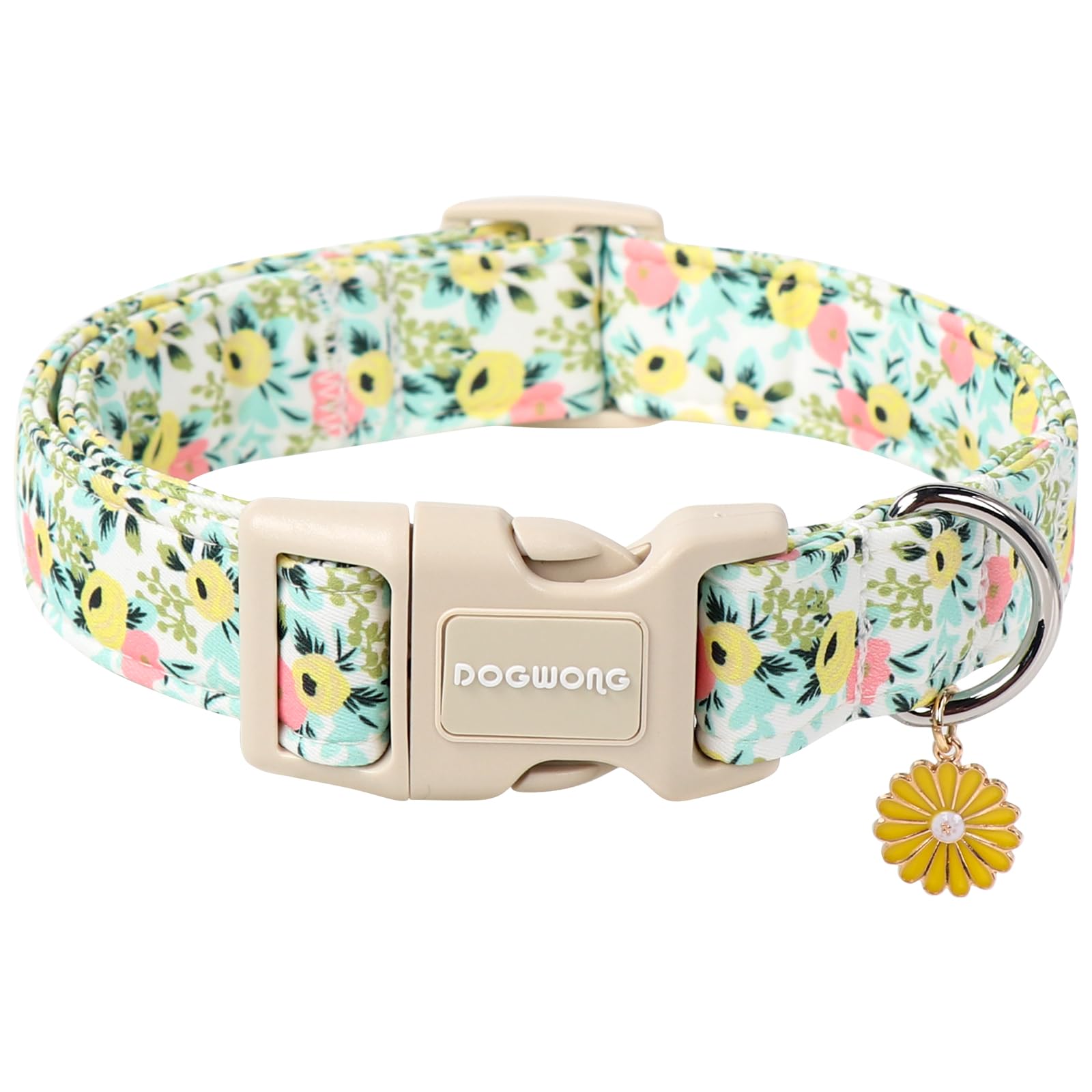 DOGWONG Flower Cotton Dog Collar, Spring Summer Cute Yellow Dog Collar Durable Soft Fabric Pet Dog Collars Female Girl Necklace for Small Medium Large