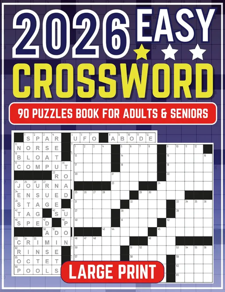 Easy Crossword Puzzle Book for Adults &amp; Seniors: 90 Relaxing Puzzles in Large Print with Solutions | Fun Brain Games to Improve Memory, Focus &amp; Vocabulary