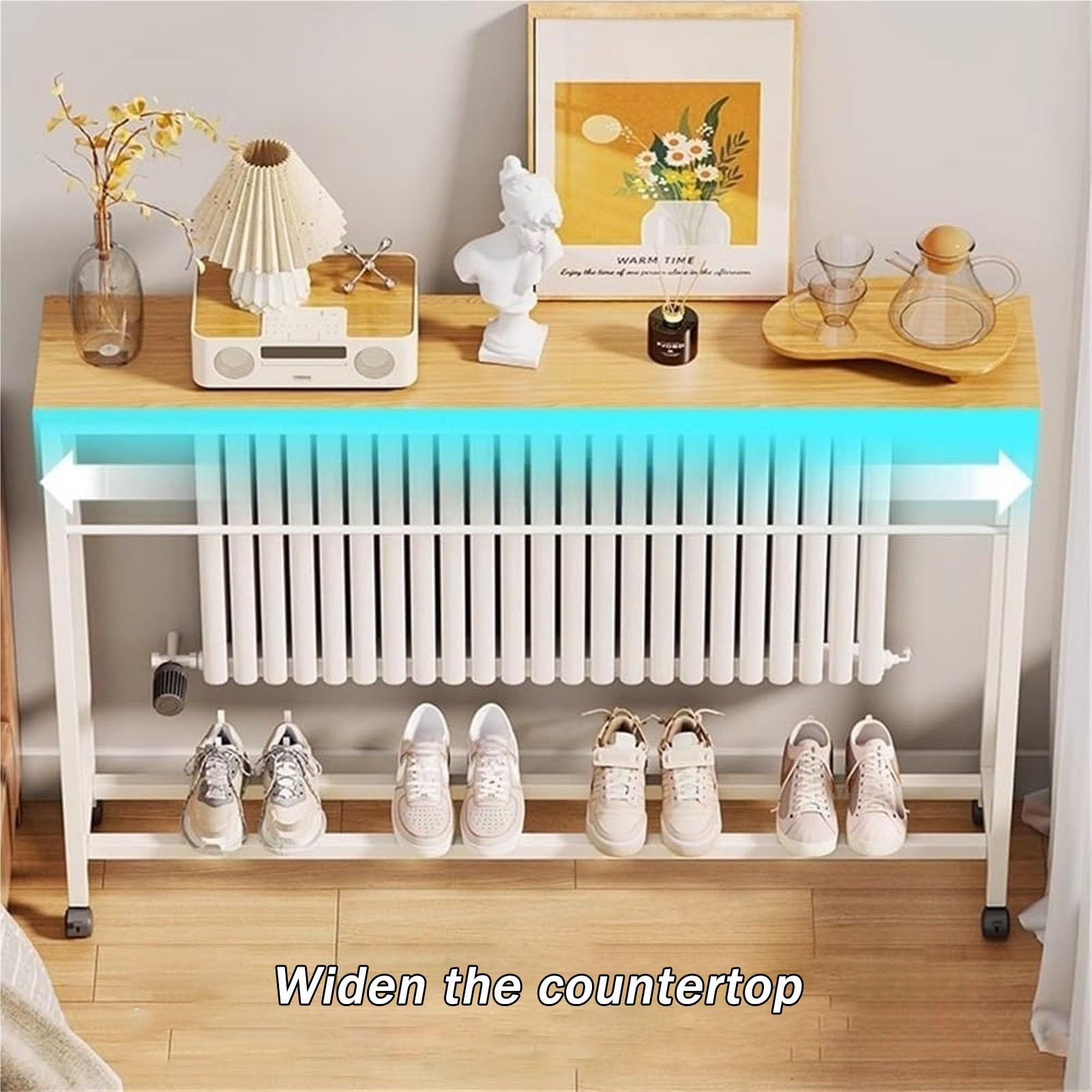 Funda estrecha para radiador con ruedas, mesa de consola versátil para sala de estar y cocina, elegante mesa de sofá sobre radiador con barra transversal reforzada