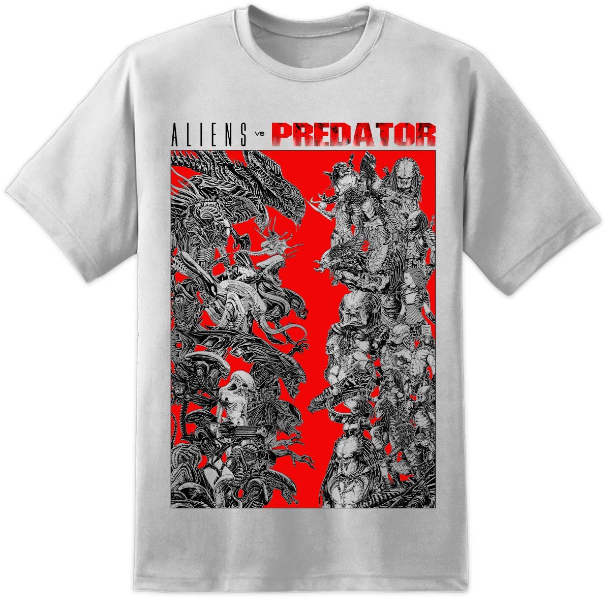 Mens Aliens vs. Predator Artwork T Shirt Yautja Xenomorph Nostromo Sulaco Facehugger (L) Grey