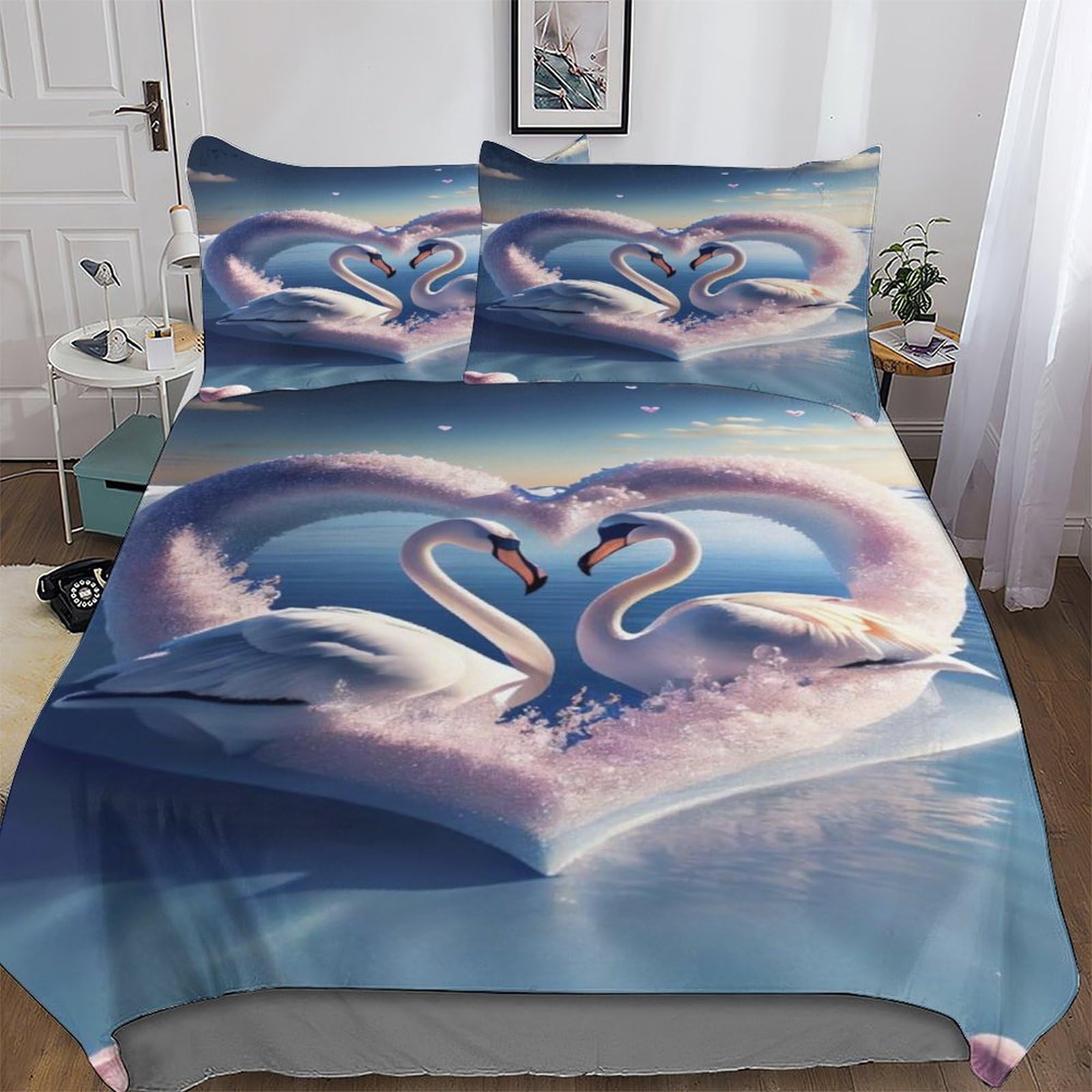 Housse de couette cygne pour chambre d'enfant et ado parure douce king size 220x240cm