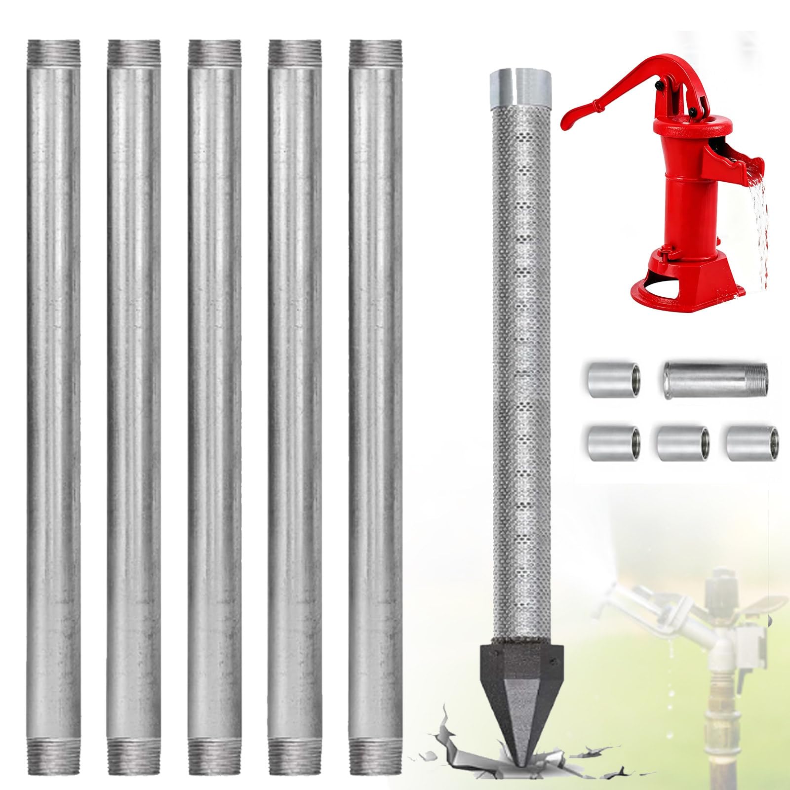 ZyKnaurral Backyard Sand Point Well Kit/Reinforced Cast Iron Point/Drive Well Point, High Performance Groundwater Intake for Off Grid Utility Supply/Shallow Well Drilling Tool 6M-WithWaterPump