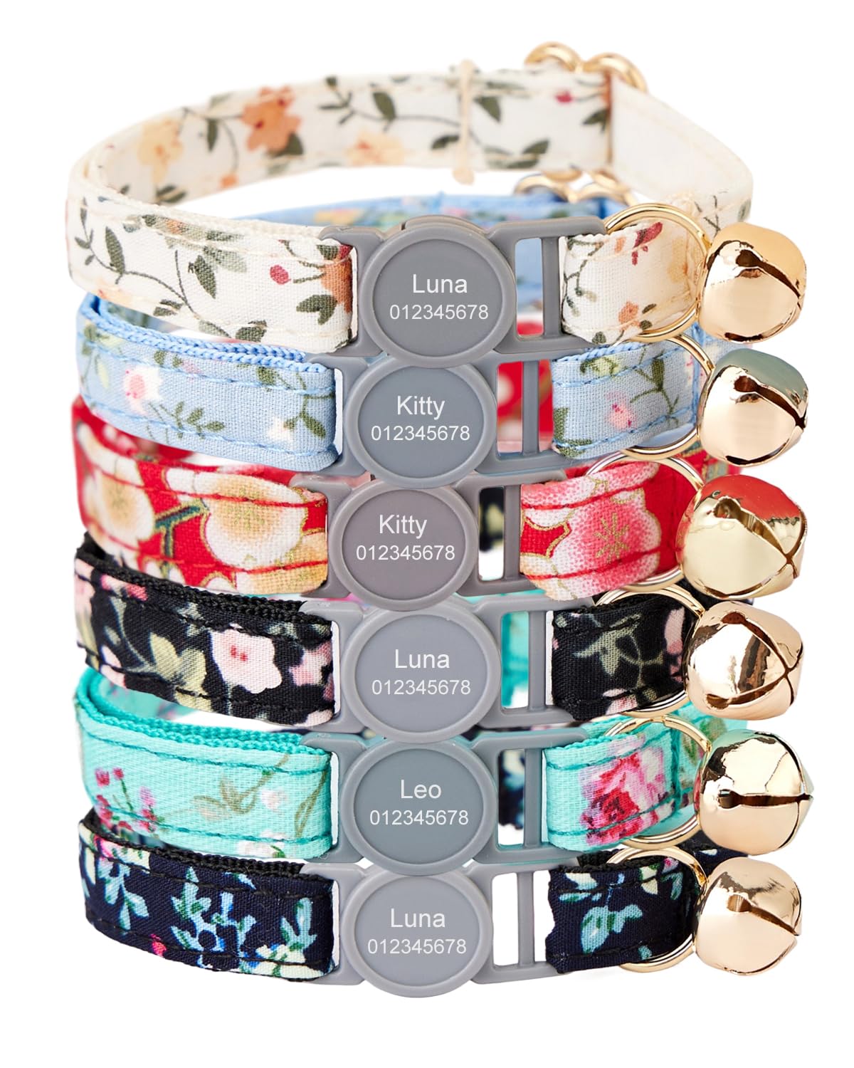 Personalized Breakaway Cat Collar with Name Engraved, Quick Release Kitten Collar, Soft, Adjustable (Floral)