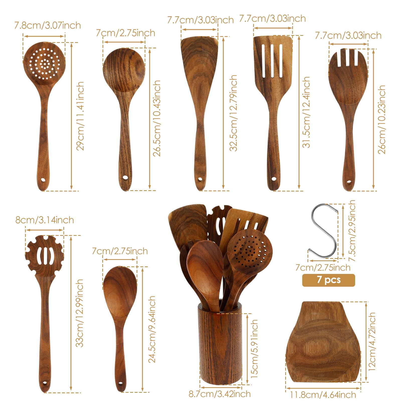 Wooden Utensil Set with Spoon Rest Natural Teak Wooden Spoons for Cooking, Comfort Grip Cooking Spoons and Utensils Holder, 9 Piece Kitchen Utensils with 7 Metal Hooks (9 Piece Set with 7 Hooks)