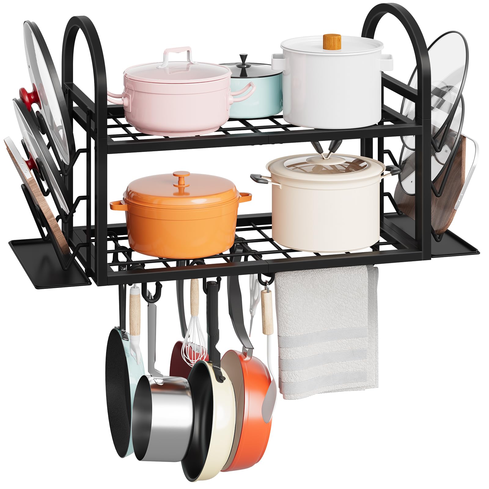 HOOBRO Hanging Pot Rack, Pot Rack Wall Mounted, with 6 Lid Holders, 2 Mesh Shelves, 10 Detachable S-Hooks & Towel Bar, Metal Pot and Pan Organizer, for Kitchen, Black EBB100TL01
