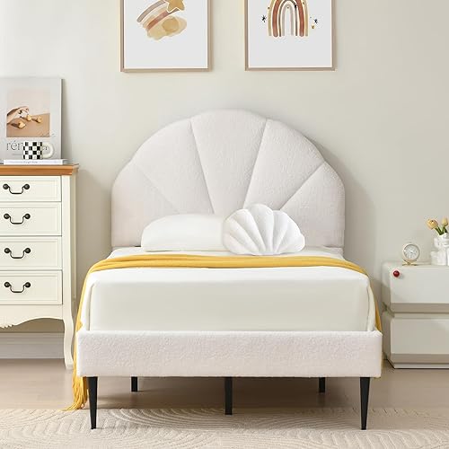 Miniatura 16 de VELOCAVA Marco de cama individual con cabecera de concha marina, marco de cama plataforma tapizado en terciopelo con soporte de listones de madera,