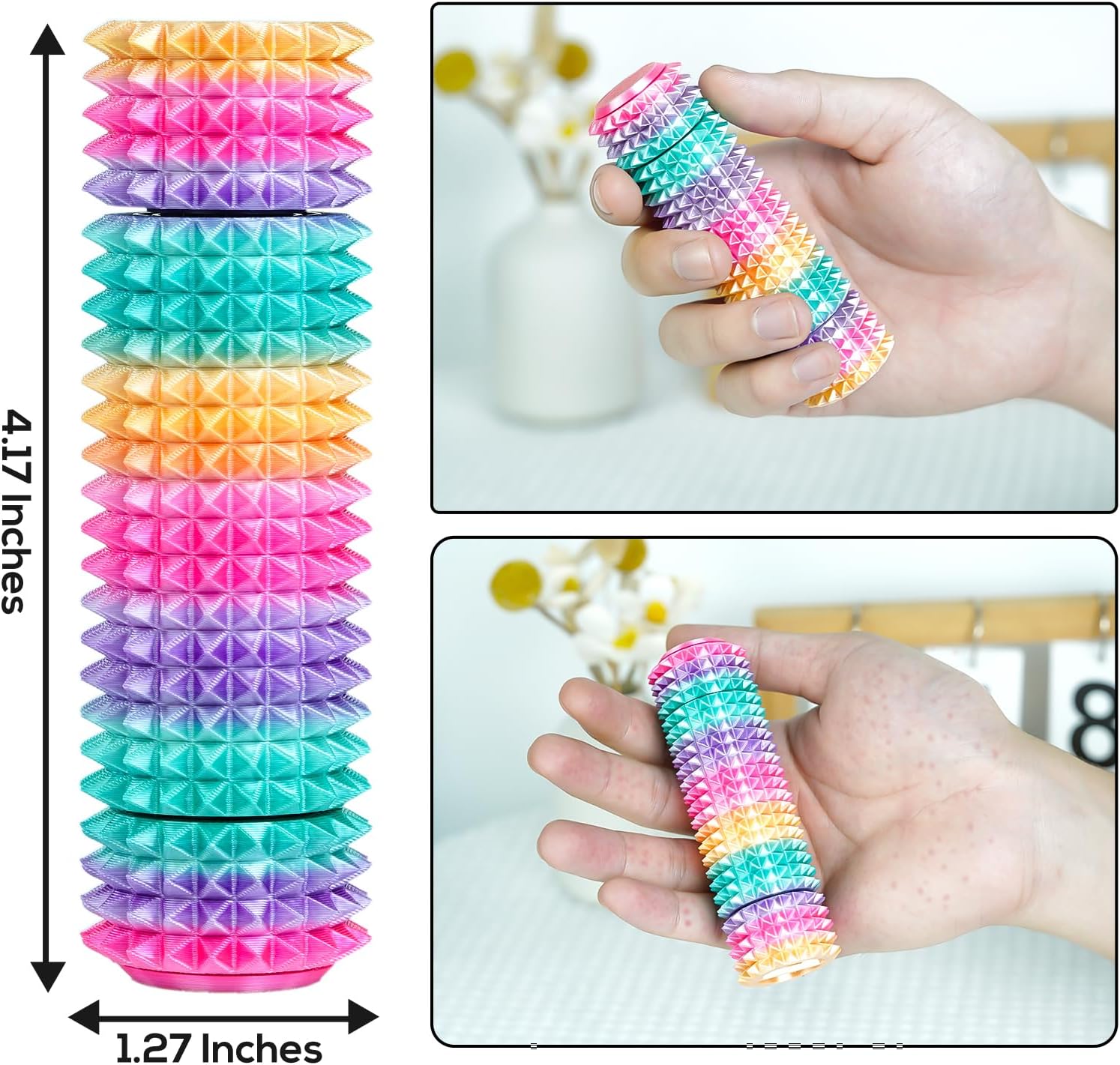 Pain Stim Fidget Toy — Rotatable Spiky Keychain,Little Spiky Ouchies Style,3D Printed Sensory Tool for Anxiety,Stocking Stuffer Gifts for Teens & Adults(Rainbow+Rainbow)